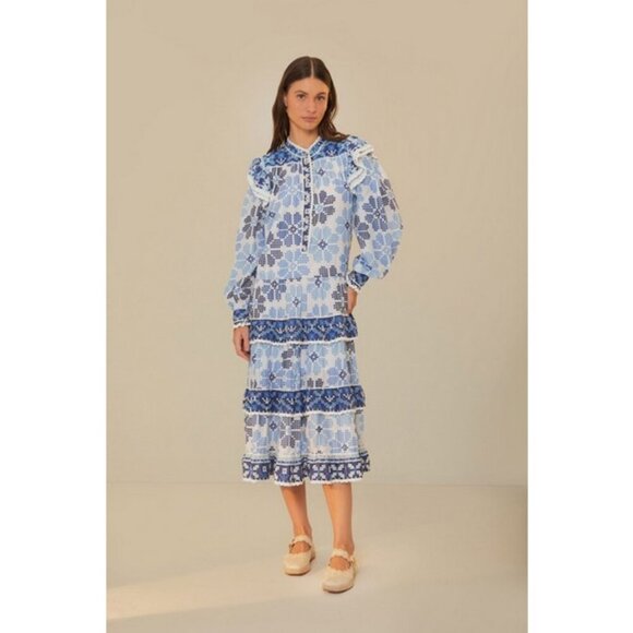 💕FARM RIO💕 Off-White Stitched Flowers And Girls Midi Dress ~ Small S NWT - Picture 2 of 16